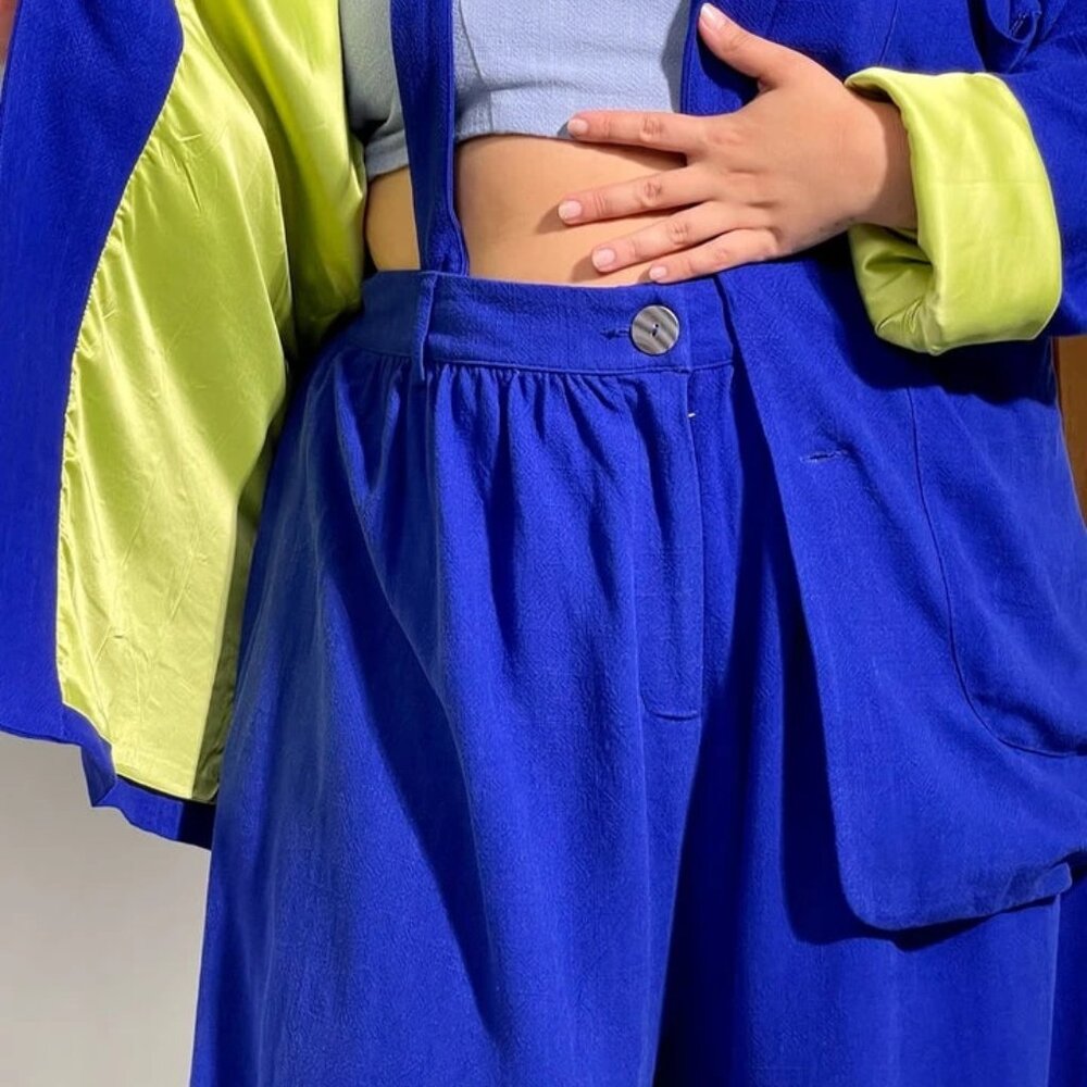 Fashion Brand Company Blue Linen Trousers with Removable Suspenders